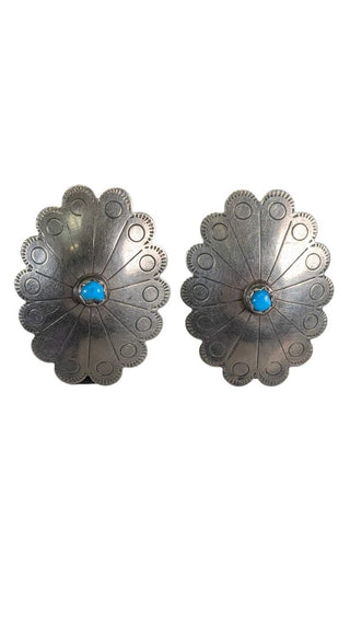 SS Etched Concho Turq Post Earrings