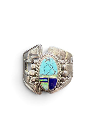 Sterling Adjustable Stone Inlay Ring Signed LP