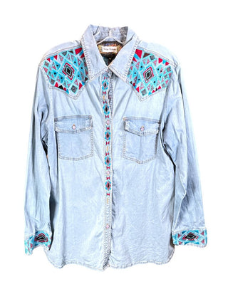 Denim Embroidered Button Front