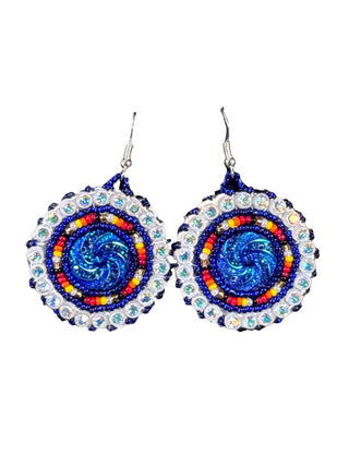 Beaded leather disc dangle earrings