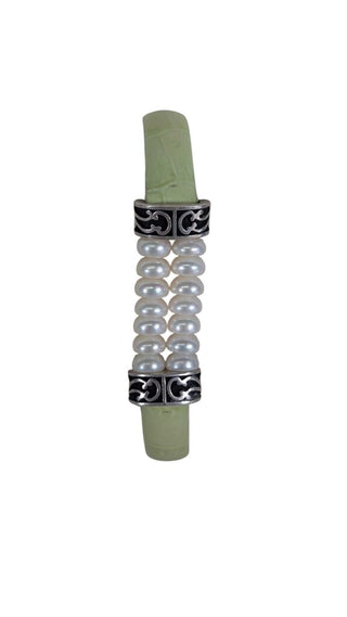 SS Pearl Leather Strap Bracelet