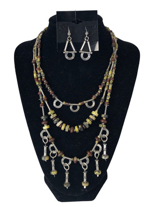 R Sterling triple strand stone necklace/earring set
