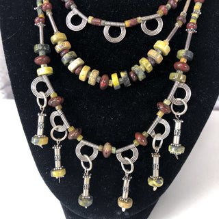 R Sterling triple strand stone necklace/earring set