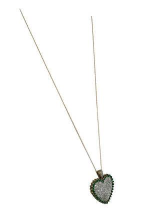 R 10k heart pendant with diamonds & emeralds on 14k chain