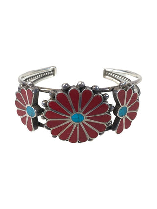 R Sterling inlaid stone flower cuff bracelet
