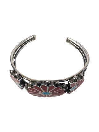 R Sterling inlaid stone flower cuff bracelet