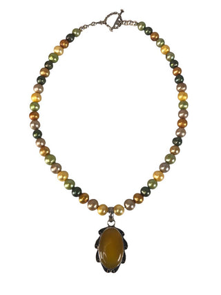 R Sterling stone pendant on pearl strand