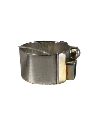 R Sterling gemstone/pearl cigar band ring