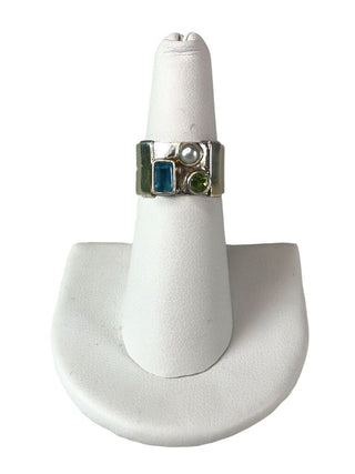 R Sterling gemstone/pearl cigar band ring