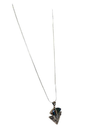 R sterling rainbow calsilica stone & amethyst pendant on not sterling chain