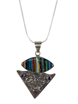 R sterling rainbow calsilica stone & amethyst pendant on not sterling chain
