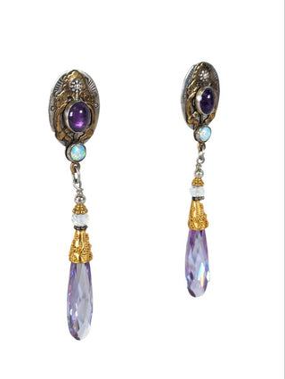 R locally made sterling brass amethyst & opal drop earrings