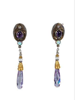 R locally made sterling brass amethyst & opal drop earrings