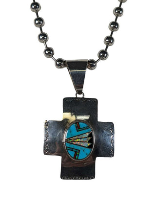 R SS Inlay Cross Pendant w/ Stainless Steel Chain