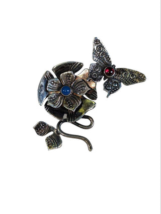 R sterling stone flower butterfly pin
