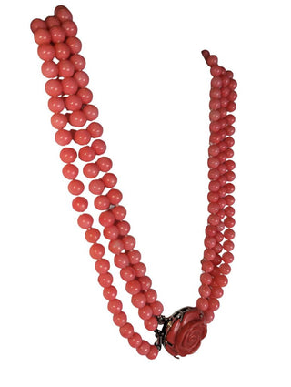 R Triple Strand Beaded Necklace w/ Rose