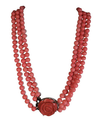 R Triple Strand Beaded Necklace w/ Rose