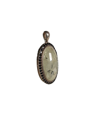 R sterling prehnite black spinel pendant