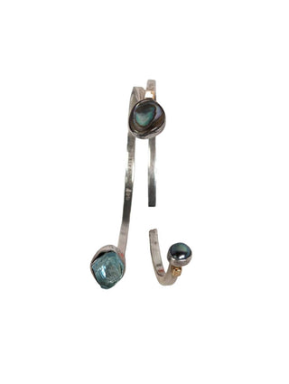 R sterling 14k pearl shell aquamarine cuff