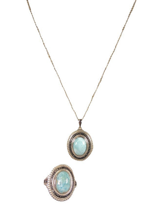 R SS Oval Stone Ring & Necklace Set